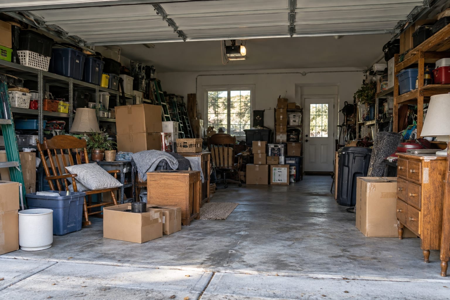 A cluttered residential garage with boxes, shelving, and unwanted furniture